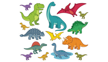 Cute dinosaur cartoon characters vector illustration set featuring prehistoric animals like tyrannosaurus and triceratops isolated on white background © HABIBA