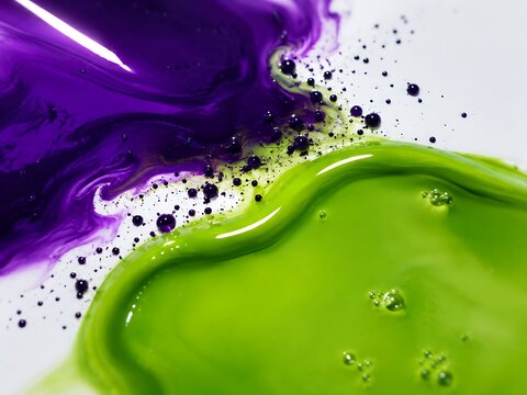 Vibrant purple and lime green liquid paint swirling together on a white surface, creating organic marble patterns and small bubbles in the mixture
