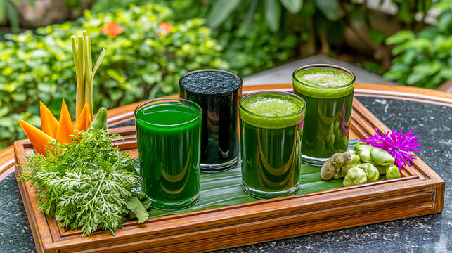 Assorted green vegetable and fruit juices on a wooden serving tray with green juice