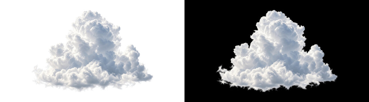 Massive towering cumulus cloud on transparent background, dense realistic white stormy thundercloud with dramatic rolling sunlit vapor peaks. Weather forecast meteorology cloudscape design asset.