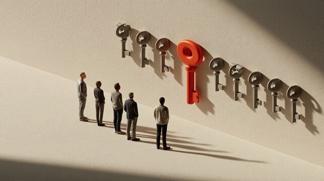 People observing a wall of gray keys with one orange key. Miniature people looking at a unique orange key among many gray keys
