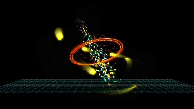 Futuristic 3D physics model of quantum particles spinning with glowing energy rings and grid