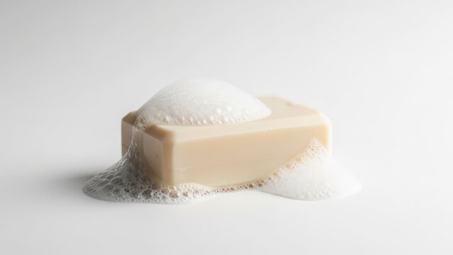 Rectangular beige soap bar covered in fluffy white bubbles and foam