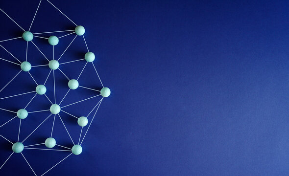 Business concept for network structure with connected people, showing teamwork,collaboration, stakeholder mapping, social graph, and business communication on blue background