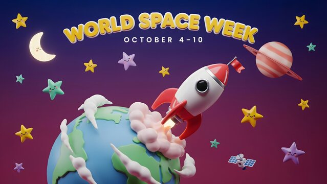 World space week colorful illustration with rocket and planets