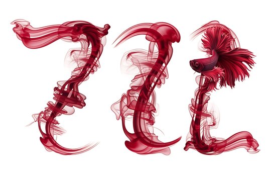 Abstract red smoke swirl elements with betta fish motif isolated on white background for artistic graphic design