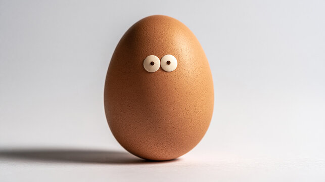 Brown egg with small white eyes on plain background funny egg googly eyes food art
