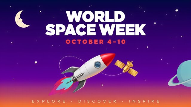 World space week pixel art banner with rocket