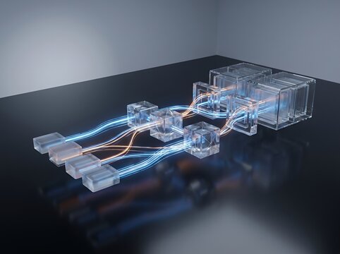 Abstract 3D visualization of digital network connections featuring glowing blue and orange data lines linking transparent glass cubes against a dark background.