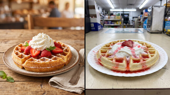 Comparison of gourmet artisan waffle and diner fast food style waffle with strawberries and cream