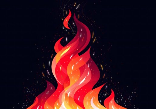Stylized bonfire illustration with vibrant red and orange flames on dark backdrop.