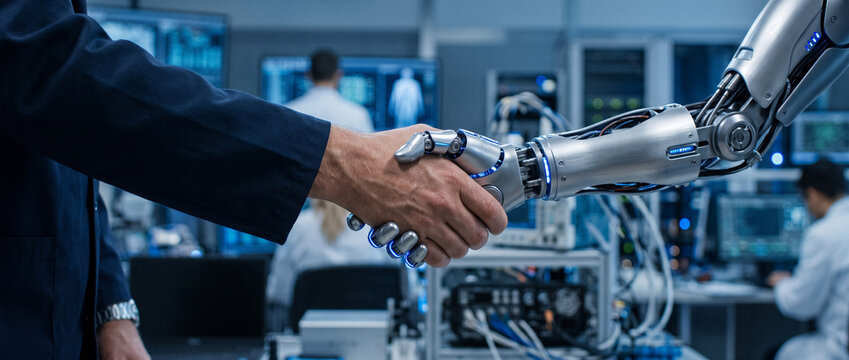 Human hand shaking robotic hand in modern high tech laboratory