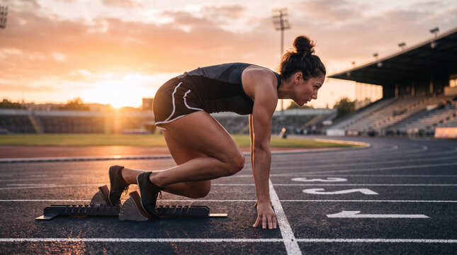 Female sprinter in starting blocks position on track at stadium sunset