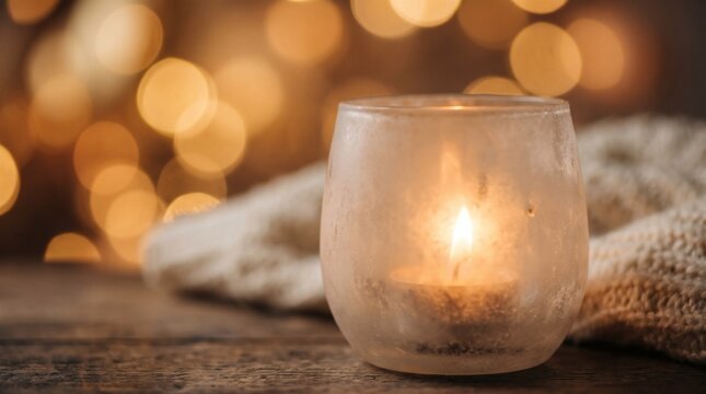 A glowing candle inside a frosted glass holder with a cozy knitted blanket in the background.