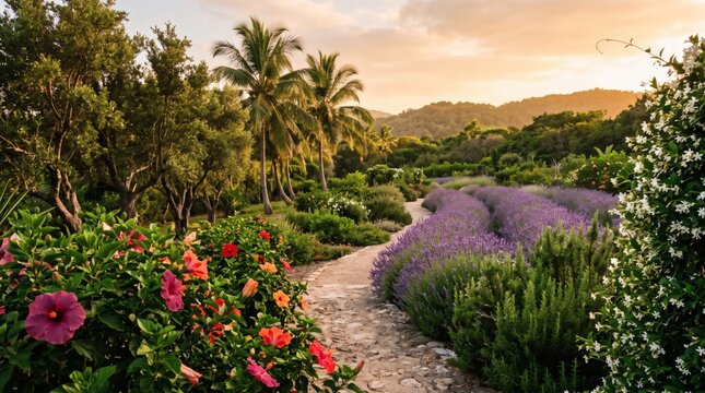 A beautiful scenic garden path winding through lavender fields and tropical hibiscus flowers at sunset.