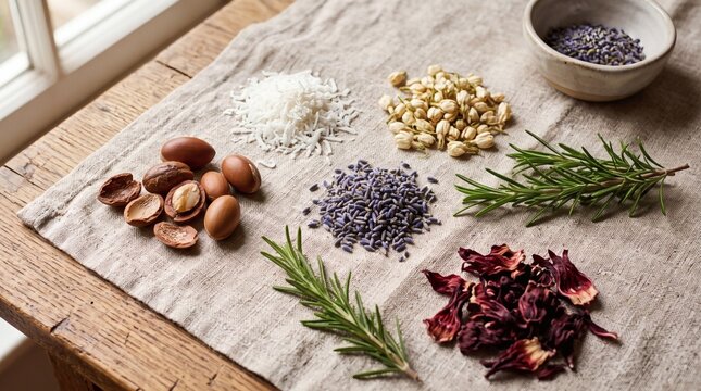 Natural organic ingredients for skincare and cosmetics arranged on a rustic linen fabric background.