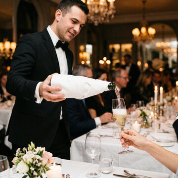 Professional waiter pouring champagne for guests at luxury banquet dinner