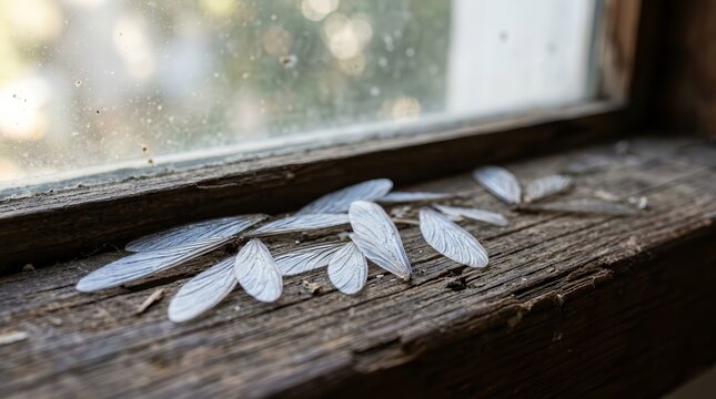 Discarded termite wings scattered on a weathered wooden windowsill after a swarm.
