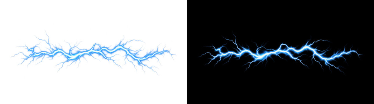 Electric blue lightning streak on transparent background, straight horizontal high voltage plasma spark discharge line with radiating cyan glow. High tech electrical energy arc line design asset.
