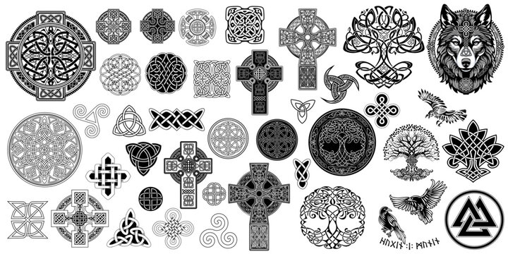 Hand drawn set of isolated Celtic and Norse ornaments: knotwork circles, crosses, tree of life, triquetra, valknut, wolf head and Huginn Muninn ravens with runic inscription on white background