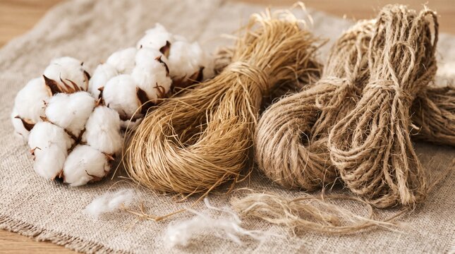 Natural cotton bolls and rustic jute twine bundles on a linen fabric background.