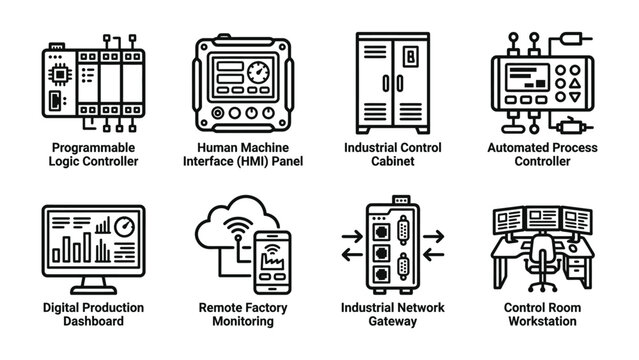 Industrial Automation Icons: A collection of line art icons representing various industrial automation components, including programmable logic controllers, HMI panels, and control room workstations.