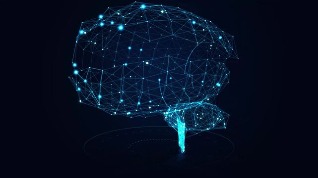 Futuristic digital plexus human brain rotating on dark background representing artificial intelligence progress.