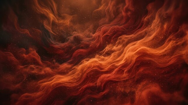A swirling, fiery nebula dominates the image, filled with intense red and orange hues. The cosmic dust and gas create a dynamic, turbulent flow, resembling a vast, chaotic river of light.