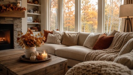 Obraz premium Cozy autumn living room with fireplace, warm blankets and seasonal fall decor in a comfortable family home