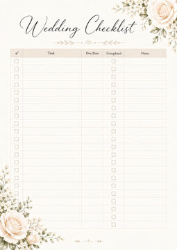 Elegant wedding checklist template with soft floral decorations and organized sections for tasks, due dates, and notes. Perfect for brides and planners to keep wedding plans on track.
