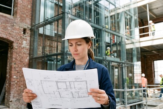 Professional female civil engineer wearing a safety helmet examining architectural floor plans during building renovation and modern glass atrium construction.