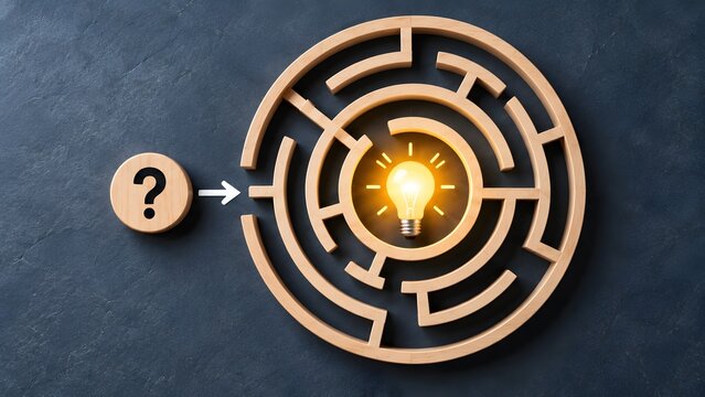 Problem solving concept with wooden maze leading to glowing lightbulb representing strategic navigation and finding innovative business solutions