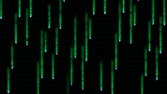 Digital matrix rain with falling green Japanese katakana characters and grid background code cyber cyberpunk technology computer data hacker programming software symbol character glyph flow stream
