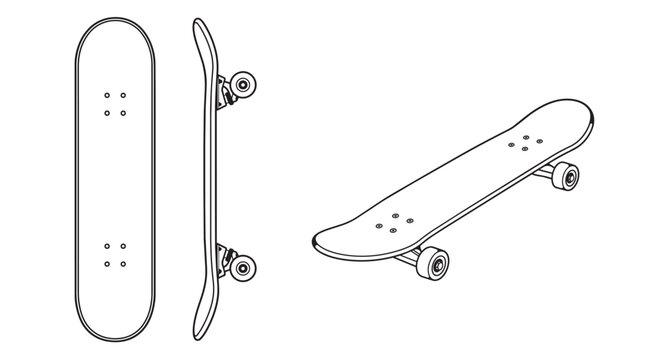 Minimal outline collection of skateboards shown from different angles, including top, side and perspective views. Vector line art for skateboarding, street sport and urban lifestyle designs.