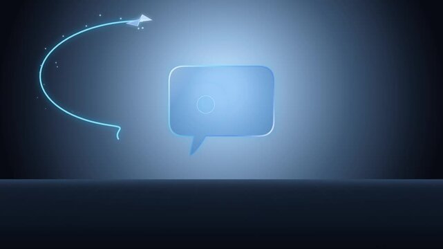 Neon paper plane flying in circular path around transparent speech bubble icon against smooth blue gradient backdrop.