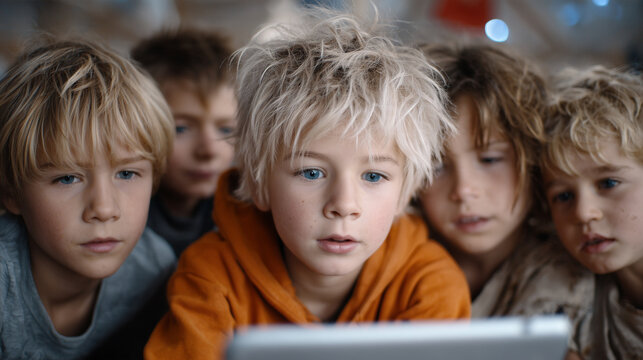 Children in Temporary Shelter Gathered Around Glowing AI Learning Device &mdash; Education Equity Documentary Portrait

