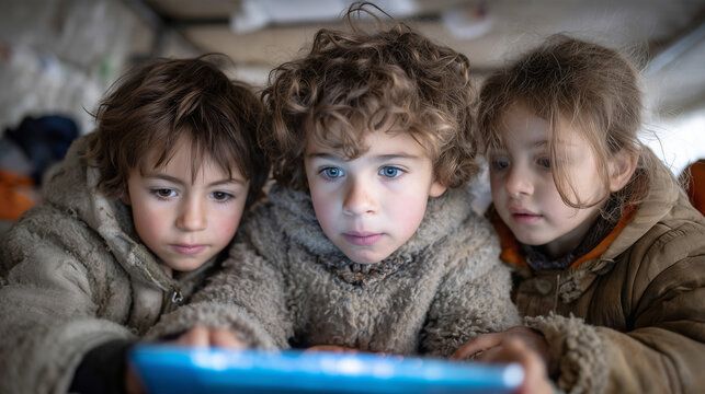 Children in Temporary Shelter Gathered Around Glowing AI Learning Device &mdash; Education Equity Documentary Portrait


