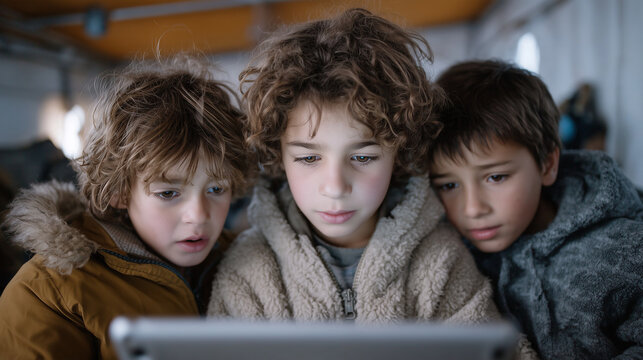 Children in Temporary Shelter Gathered Around Glowing AI Learning Device &mdash; Education Equity Documentary Portrait

