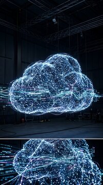 A complex 3D digital cloud formation made of glowing blue data points and light streaks floating in a dark studio setting representing big data connectivity.