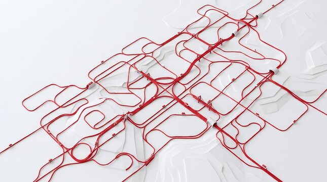 Abstract Red Transportation Network on a Minimal White Topographic Landscape