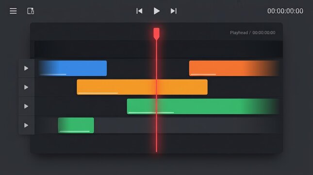Minimalist video editing interface featuring a multi-track timeline and red playhead.
