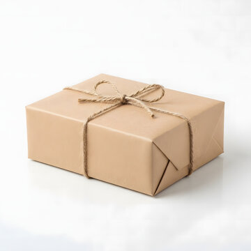 Rectangular cardboard gift box wrapped in rustic twine isolated on a clean white studio background