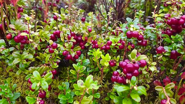 Wild lingonberries grow in the forest