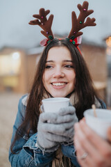 A smiling young woman wearing reindeer antlers holds a warm cup while enjoying time with friends. She sips a hot drink outdoors at a festive winter market with holiday cheer. © qunica.com
