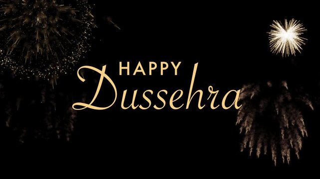 Happy Dussehra drawing text animation with colorful fireworks, creating a festive Hindu celebration greeting for social media, videos, and digital cards.