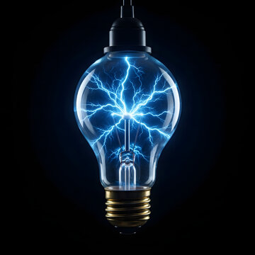 Electric light bulb glowing with bright blue plasma sparks isolated against a deep black studio background