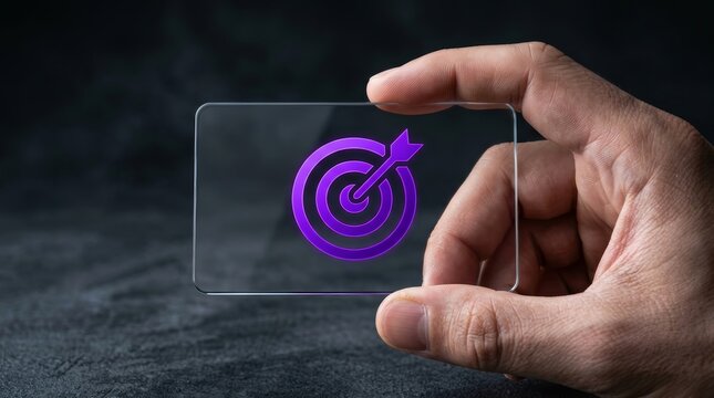 A hand holding a transparent card with a vibrant purple target icon representing clear business objectives.