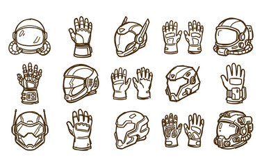 Fototapeta premium Futuristic combat armor and cyberpunk mecha soldier gear black ink line art clipart set featuring robotic power gloves space explorer visors and protective headgear