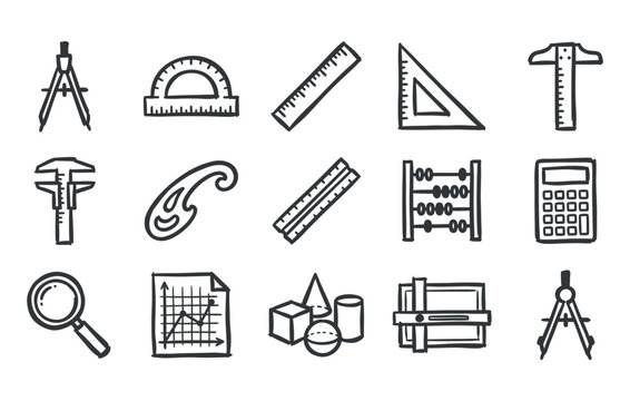 Geometry and math measurement tools vector bundle featuring sketchy compasses protractors straight rulers triangles abacus calculators and drafting instruments