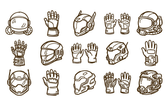 Futuristic combat armor and cyberpunk mecha soldier gear black ink line art clipart set featuring robotic power gloves space explorer visors and protective headgear